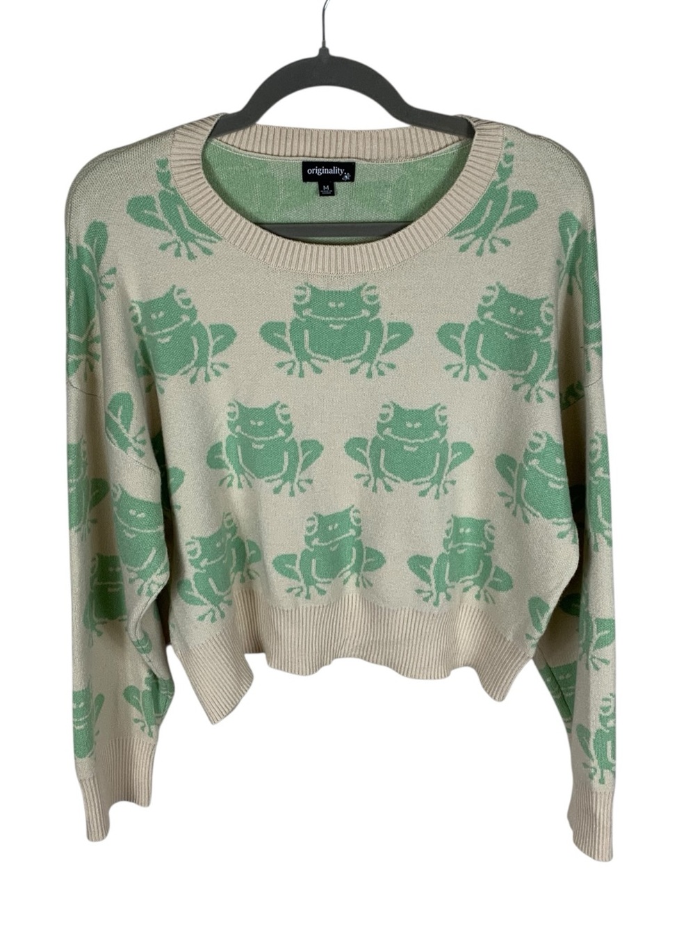 Women's Originality Cream Green Frog Long Sleeve Crew Neck Cropped Sweater M